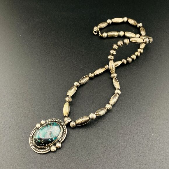 Hand Crafted Sterling Silver Pendant Necklace Large Turquoise Cab 17 In Tribal - Picture 9 of 12